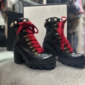 GUCCI Magnum
Calfskin Pearl Lace Up Combat Ankle Boots